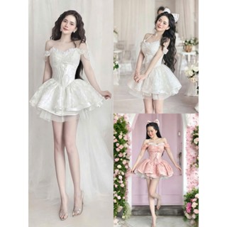 Đầm hotgirl cúp ngực trễ vai đan dây eo chéo váy ngắn xòe xinh xắn chất tapta cao cấp phối phi và ren hàng loại đẹp