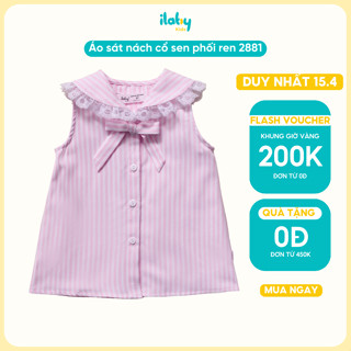 Áo cho bé gái ILABY váy sát nách chất thô đũi kẻ sọc trang trí nơ cổ sen phối ren thân chữ A [2881]