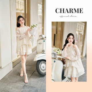 Set đồ nữ đi biển đi chơi cổ yếm vải tơ thêu xẻ vai Charme 403036