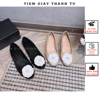 (6059-11) Giày búp bê nữ đế bệt hoa trà phối hoa trắng hàng QC fullbox