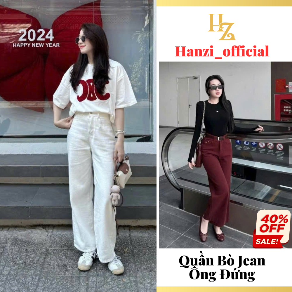 Quần Jean Nữ Ống Suông Rộng Cạp Cao Hách Dáng, Quần Bò Jean Đỏ Chất Cao Cấp Co Dãn Hanzi Officia RR0