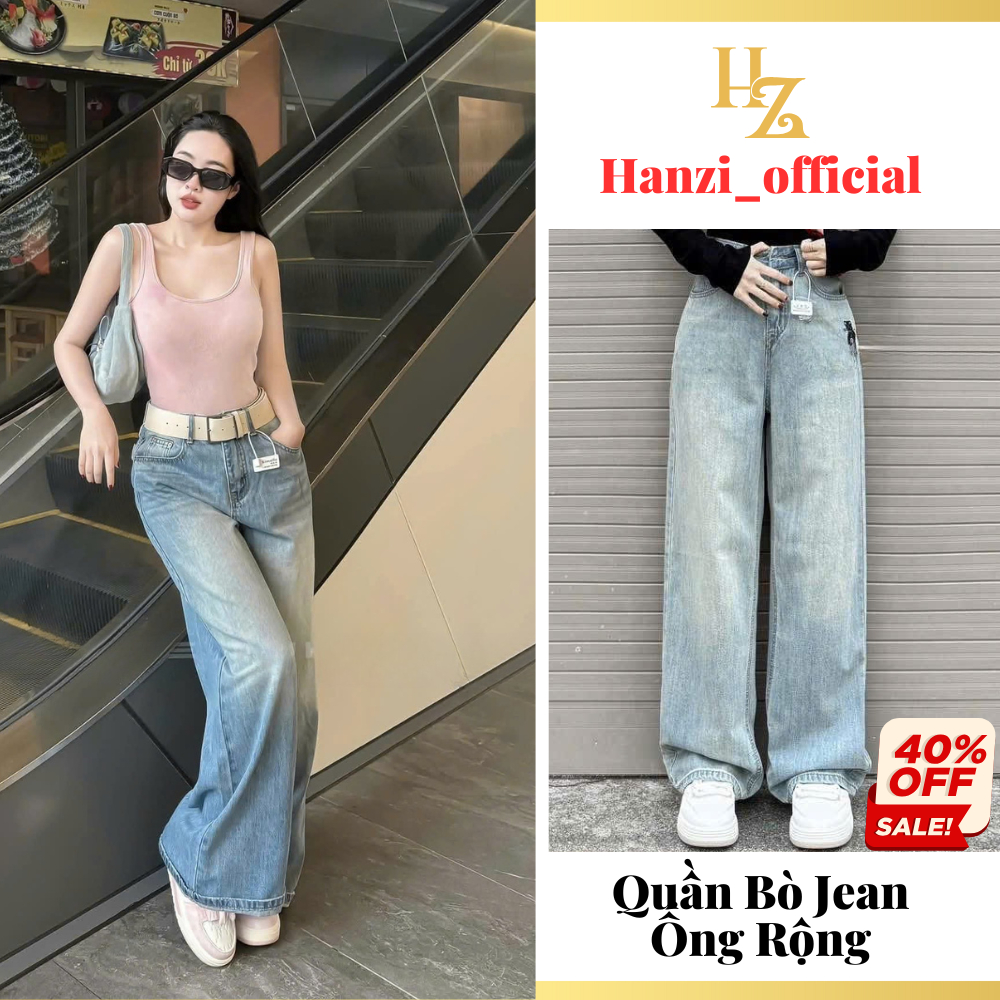 Quần bò jeans nữ ống suông rộng trơn màu xanh chất dày dặn mền mại hách dáng Hanzi Officia NN09
