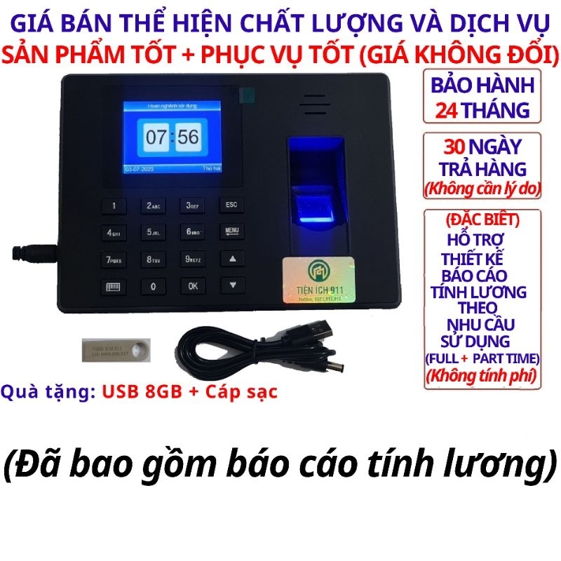  Máy Chấm Công Vân Tay 911 Nâng Cao - Shop Sẽ Gọi Hỗ Trợ Tính Lương Fulltime + Partime - TặngUSB 8GB 