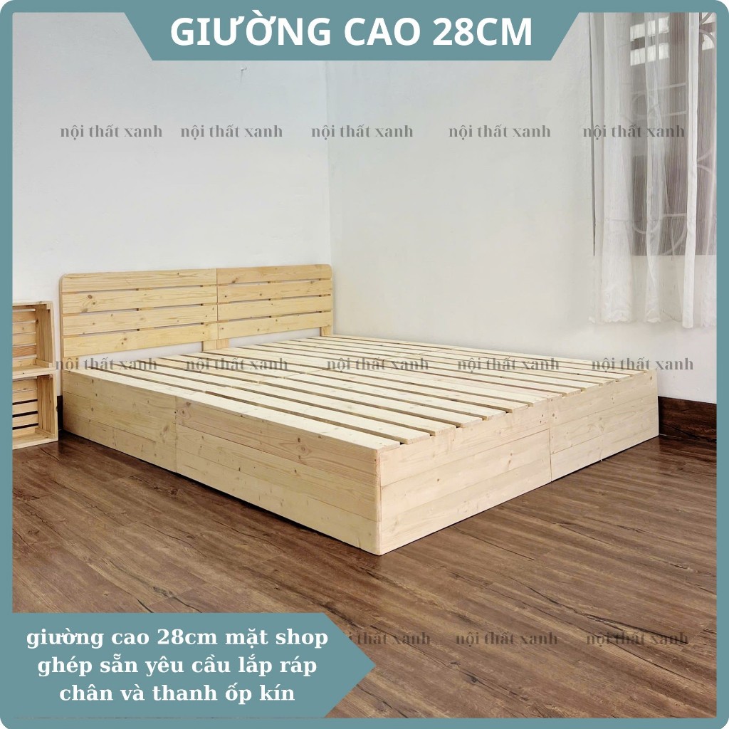 Giường pallet gỗ thông cao 28 cm từ 1m2x2m đến 2m2x2m