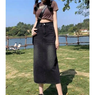 Chân Váy Jean Nữ Dáng Dài Cạp Cao Dáng Suông Bigsize 55-90KG Màu Xám 0092 Xẻ Tà Phía Sau Phom Chữ A Không Giãn