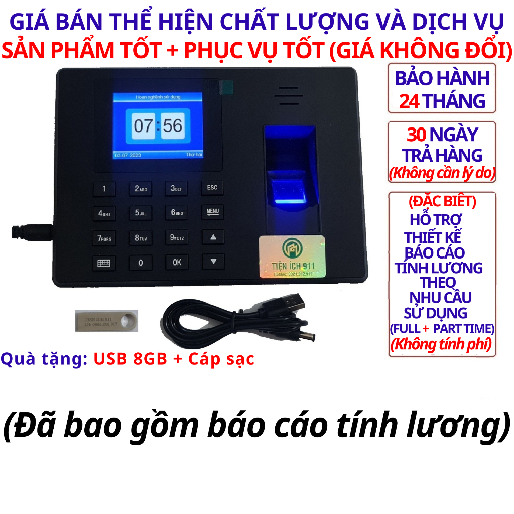Máy Chấm Công Vân Tay 911. Shop Sẽ Gọi trực tiếp tính Lương Fultime + Partime -Tặng USB8GB