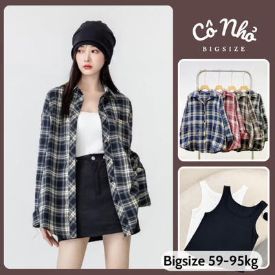 Set Áo Bigsize Nữ (SƠ MI CARO + ÁO BA LỖ) Áo Somi Khoác Ngoài Phong Cách Vintage Retro Cá Tính