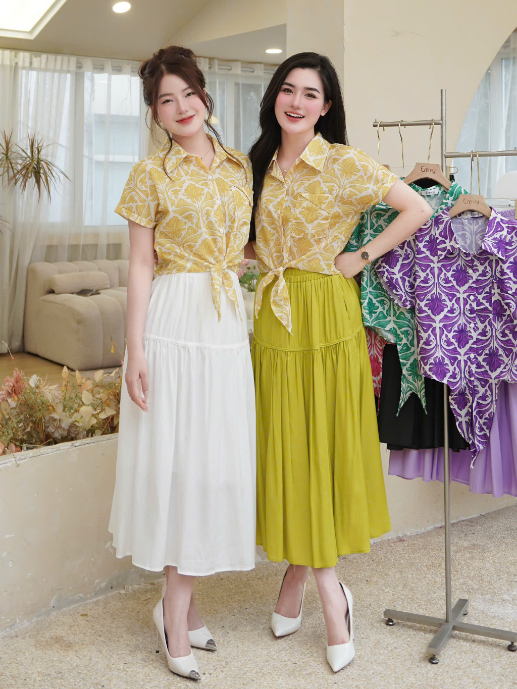 Áo sơ mi nữ họa tiết , Sơ mi đi biển nữ màu sắc tươi sáng Emvy Fashion h36cv36