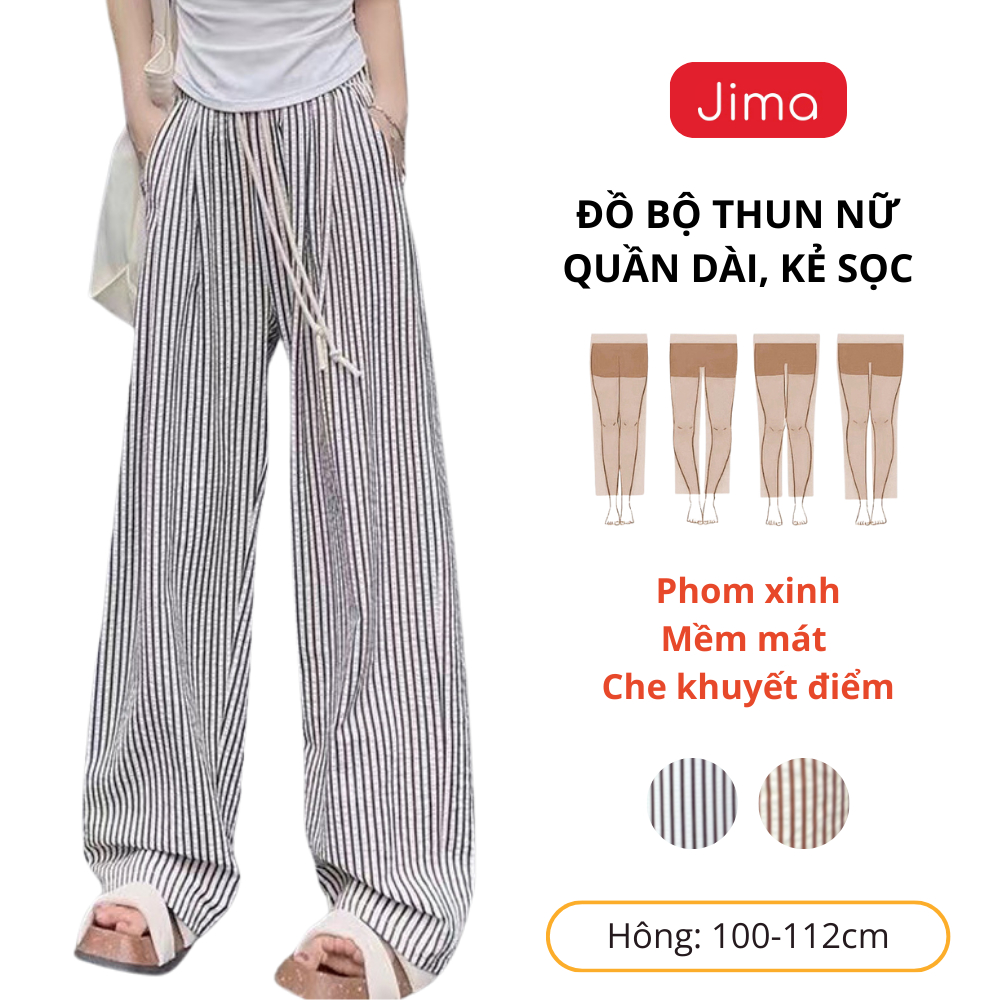 Quần ống rộng nữ JIMA dáng suông sọc caro đũi thô cạp chun dây rút thoáng khí 3689