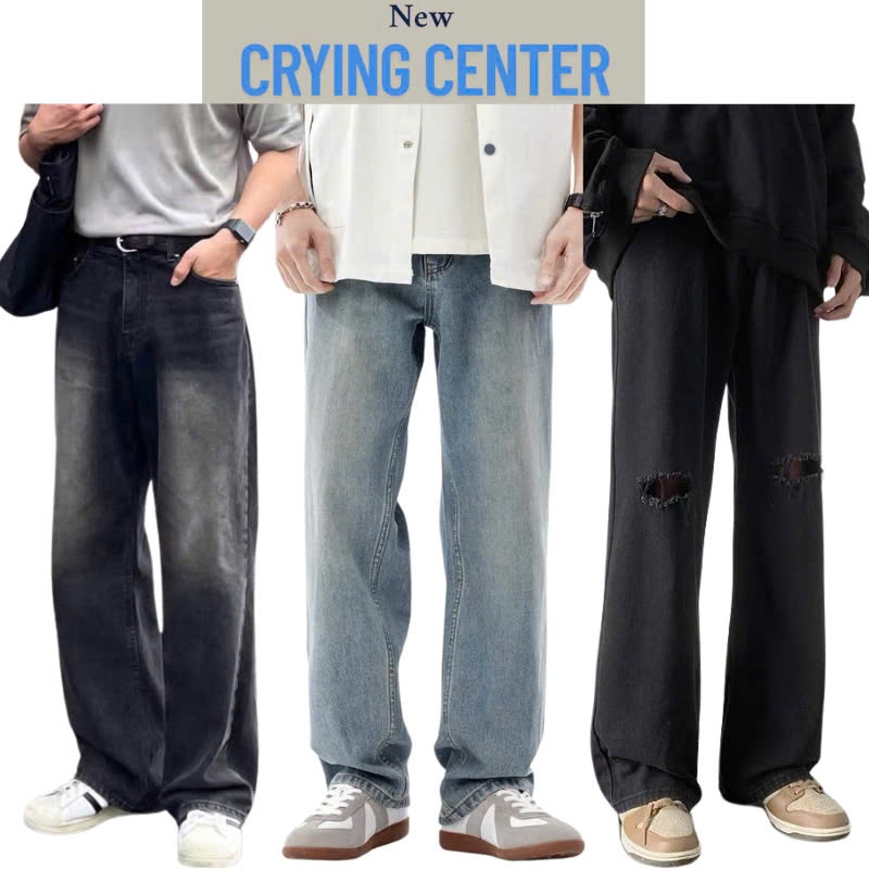 Quần jean nam ống suông rộng TR01, quần bò nam đen xám rách dáng baggy suông vải demin phong cách hà