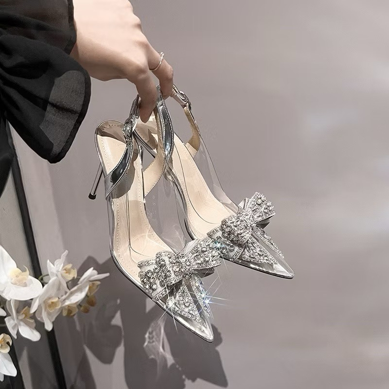 Giày cao gót bít mũi khuy cài, giày cao gót quai trong đính NƠ ĐÁ XINH có khuy cài gót nhọn phương thảo Store mã TH NƠ