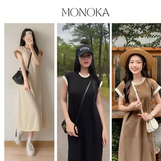 Váy nữ dài dáng chữ A cộc tay không cổ viền màu form rộng vintage Đầm maxi cổ tròn ngắn tay xòe basic bigsize bầu T134G