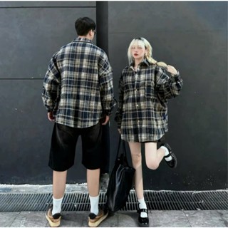 Áo sơ mi kẻ caro flanel dạ cotton tay dài unisex nam nữ style form rộng- Nam Menswear Có Cổ shirt