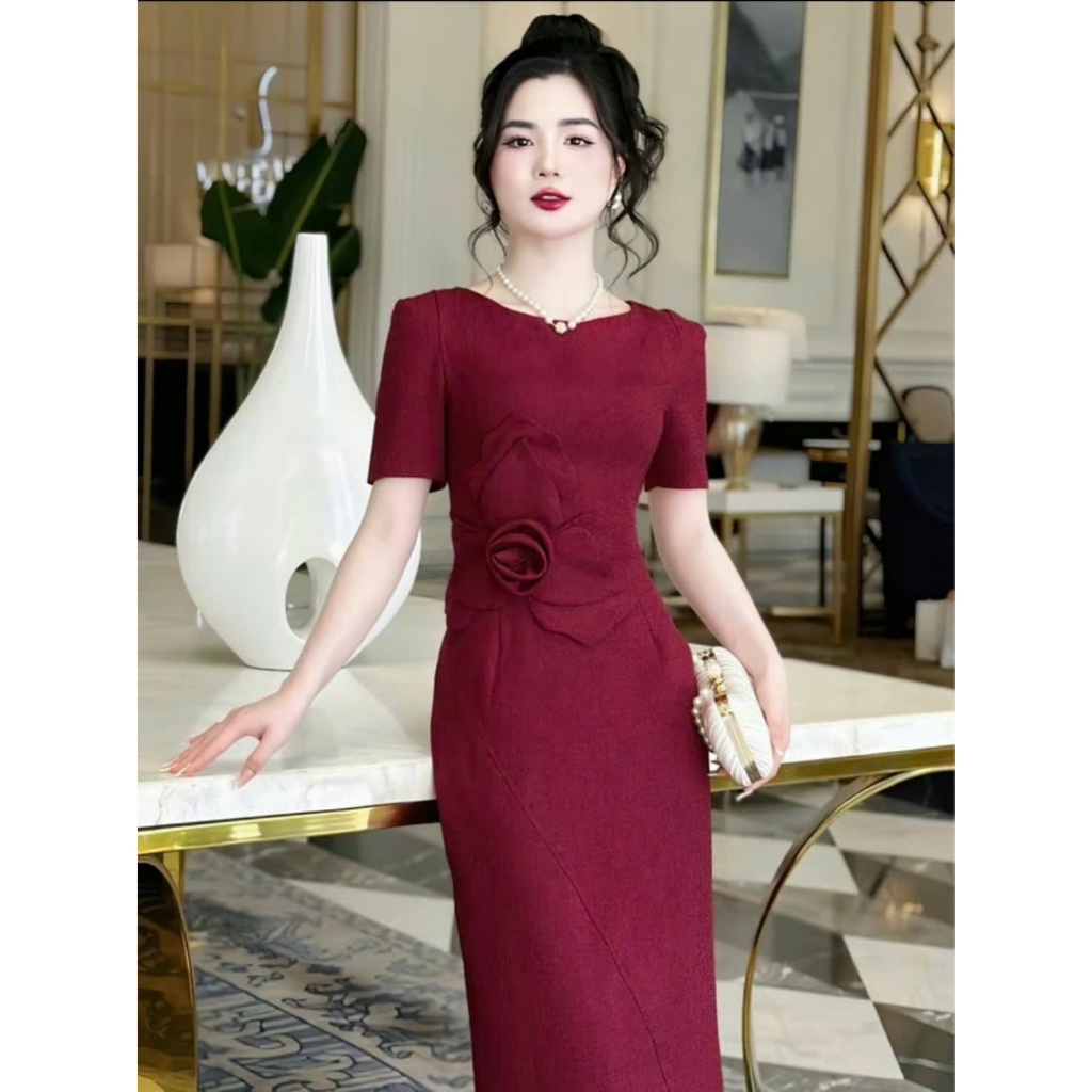 b41 váy thiết kế dáng dài hoa may nổi gắn eo