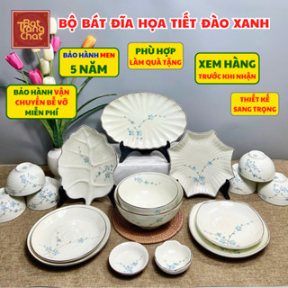  Bộ Bát Đĩa Sứ Bộ Bát Đĩa Men Kem Gốm Sứ Bát Tràng Cao Cấp Bộ Chén Bát Họa Tiết Đào Xanh Nhiều Món 
