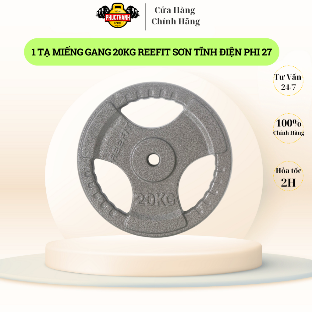 Tạ Miếng Gang,Bánh Tạ Gang Tĩnh Điện 20kg Phi 27 Reefit - Lắp vừa đòn tạ , Hỗ Trợ Tập Ngực, Tay, Vai