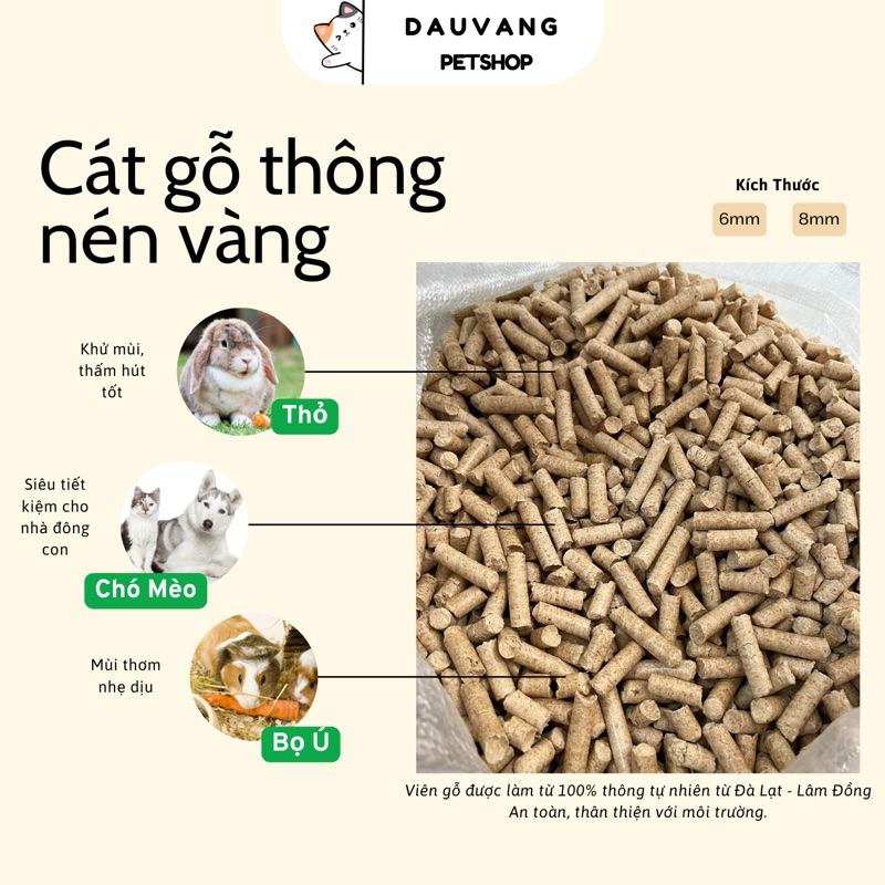 Cát gỗ thông nén vàng 6mm 8mm | Cát vệ sinh mèo, lót chuồng bao 10kg