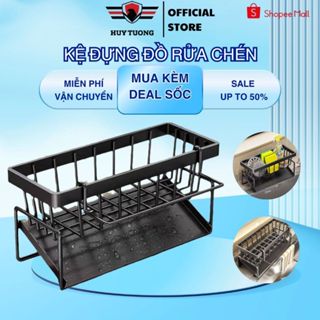Kệ đựng đồ rửa chén, bát có giá để giẻ rửa chén trên bồn có khay hứng nước nghiêng thép carbon phủ sơn tĩnh điện