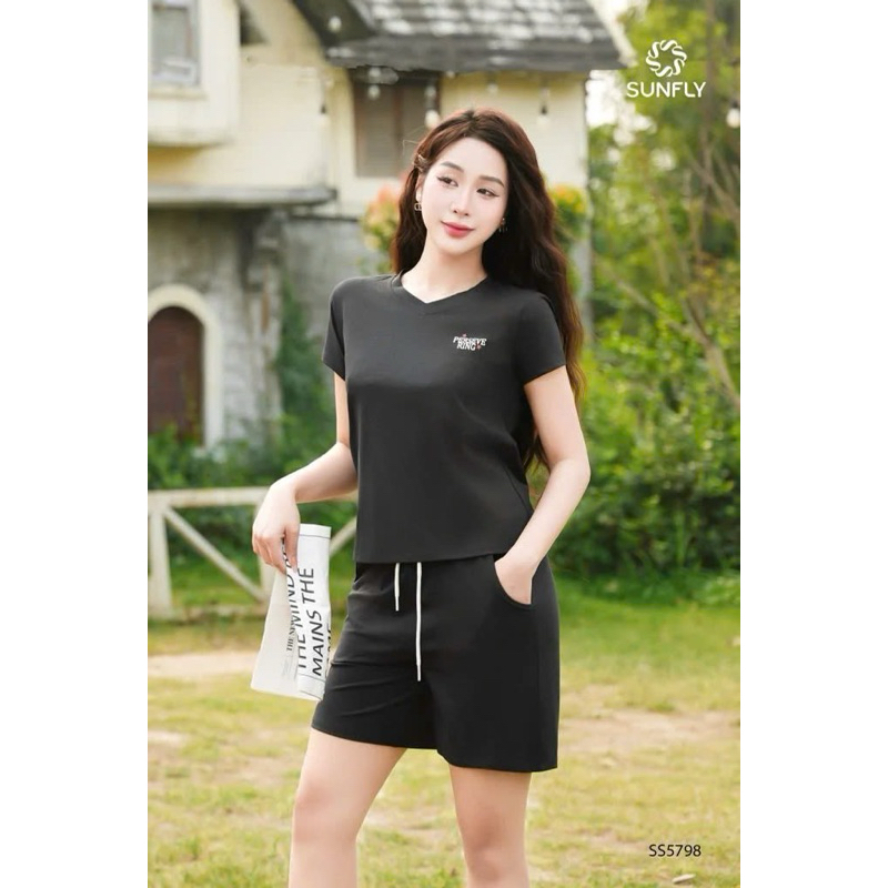 SUNFLY Bộ thể thao nữ cotton compact áo cộc quần sooc SS5798
