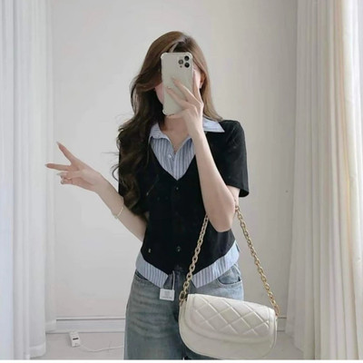 Áo Sơ Mi Bigsize Nữ Tay Ngắn Kiểu Giả Hai Lớp Vải Xoa Kẻ Sọc Phối Nỉ Tăm Cá Tính SM185