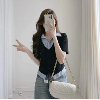 Áo Sơ Mi Bigsize Nữ Tay Ngắn Kiểu Giả Hai Lớp Vải Xoa Kẻ Sọc Phối Nỉ Tăm Cá Tính SM185