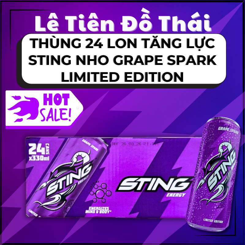 Thùng 24 Lon 330ml Mix 2 Vị Sting Tím Grape Spark Limited Edition Và Sting Xanh Dương Blue Charge