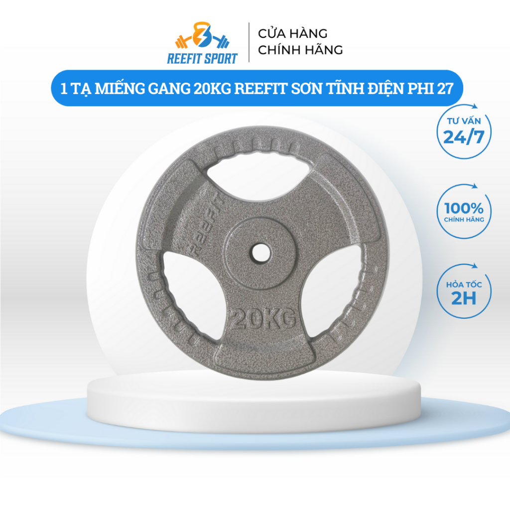 Tạ Miếng Gang, Đĩa Gang Phi 27 Sơn Tĩnh Điện 20kg Reefit - Dùng Cho Tạ Đơn, Tạ Đòn ,Máy Tập Đa Năng