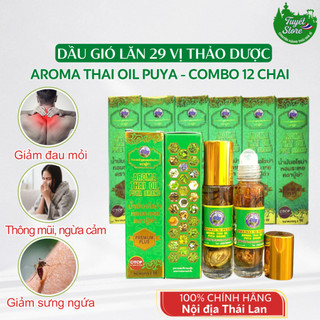   Combo12 chai  Dầu lăn thảo dược 29 vị Thái Lan 8ml - Aroma Thai Oil Puya dầu gió Thái Lan dạng lăn 