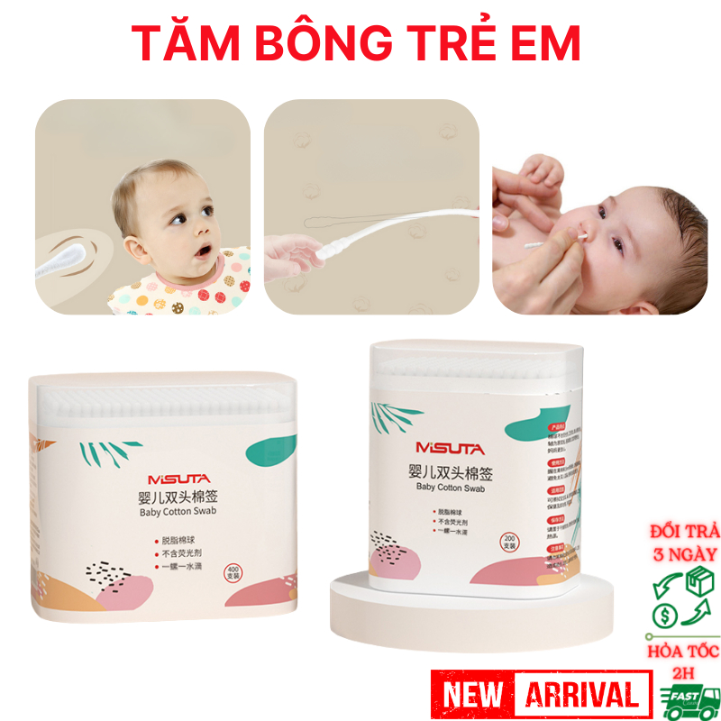 Tăm Bông Trẻ Em MISU Baby 2 Đầu Cotton Mềm Mại An Toàn, Bông Tăm Em Bé Vệ Sinh Tai #