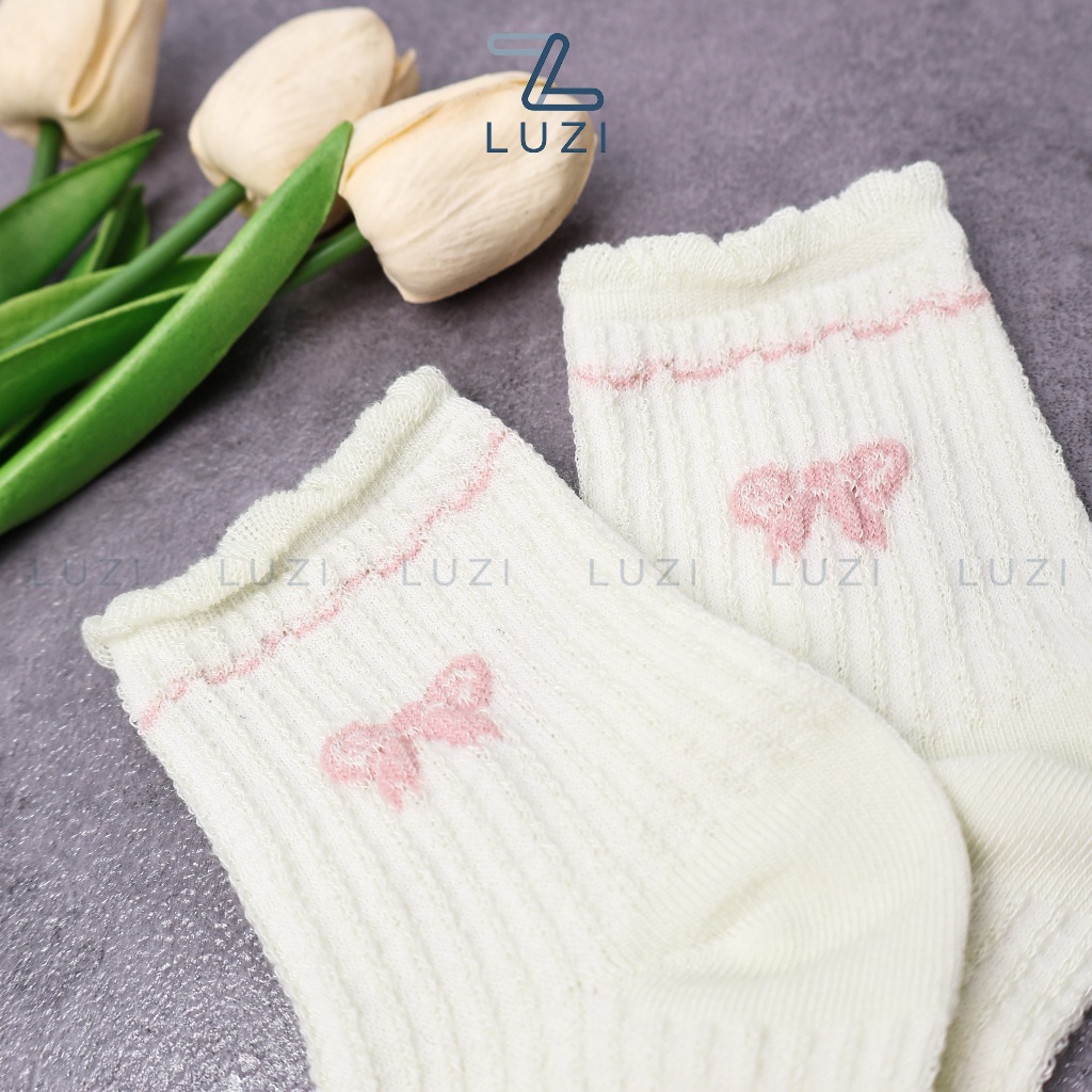 Luzi Shoes Vớ nữ Cotton co dãn 4 chiều thêu nơ nhiều loại, Tất nữ cao cổ vàng kem PK_T2