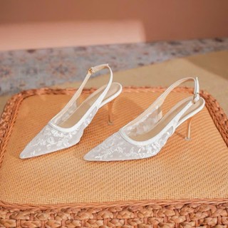 Giày cao gót nữ TUYẾT LÊ 9026 - Giày cưới ren lưới thêu hoa phong cách Tiểu Thư gót nhọn 7p