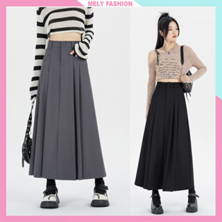 Chân váy ulzzang xếp ly dáng dài midi xẻ trước có túi đi làm đi chơi phong cách y2k Douyin màu đen ghi CV83