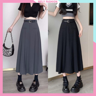 Chân váy dáng dài ulzzang midi xếp ly xẻ trước đi làm đi chơi phong cách y2k Douyin trẻ trung năng động màu đen ghi CV77