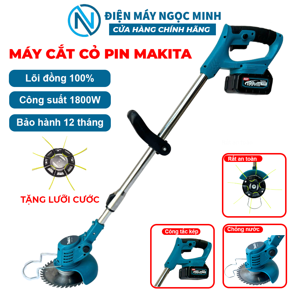 Máy cắt cỏ dùng pin MAKITA 199V tặng LƯỠI CƯỚC cắt cỏ pin cầm tay mini pin 10 cell bảo hành 12 tháng