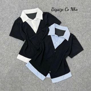  Áo sơ mi kiểu bigsize nữ giả hai lớp tay ngắn thanh lịch vải thun ruby phối kẻ sọc tôn dáng - SM185 