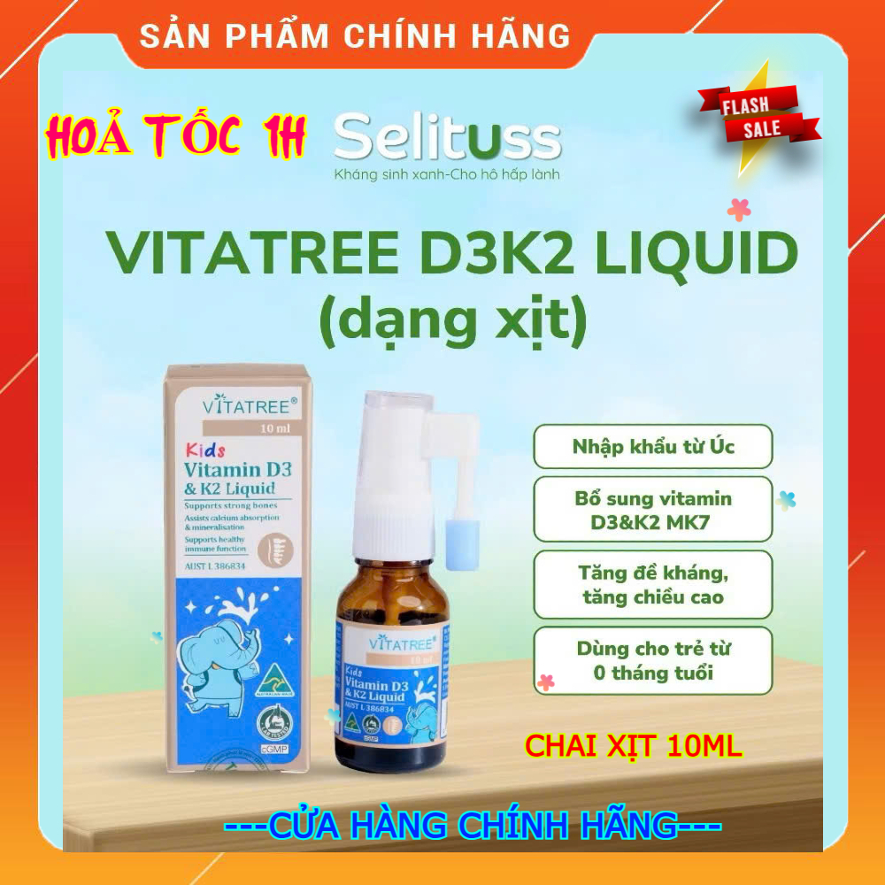 (HoảTốc1h) VitaTree Kids Vitamin D3K2 Liquid dạng xịt & nhỏ giọt hỗ trợ hấp thụ Canxi, giúp bé phát 