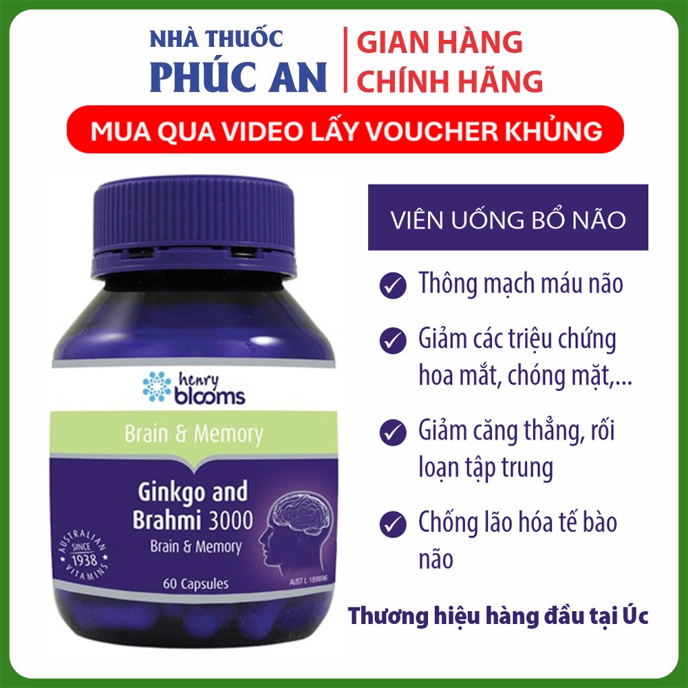 TPBVSK Ginkgo and Brahmi 3000 Henry Blooms 30 viên giúp bổ não, hỗ trợ tăng tuần hoàn não, trí nhớ