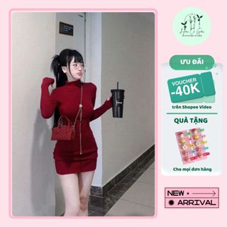  Đầm ôm body cổ lọ dài tay đầm len ôm dáng cổ cao sắc đỏ thanh lịch và quyến rũ  H72  - Haicogai Clothing 