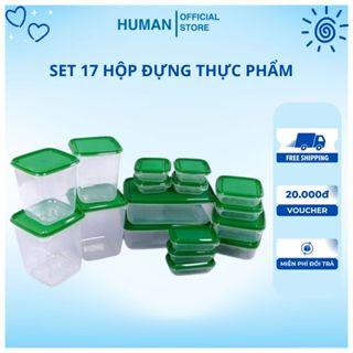 Set 17 hộp đựng thực phẩm đồ ăn chất liệu nhựa PET an toàn cho sức khỏe.