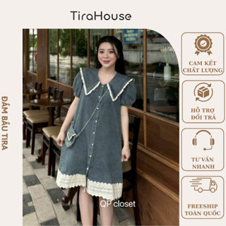 Váy bò bầu Váy jean bầu xinh công sở cổ nhọn phối viền ren Váy bò chân ren VB1560