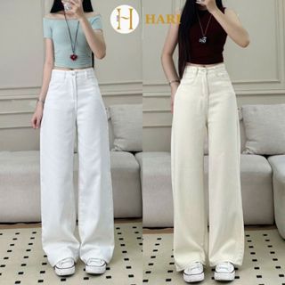 Quần jean ống rộng Hari màu kem, trắng ống suông rộng phong cách Hàn Quốc.