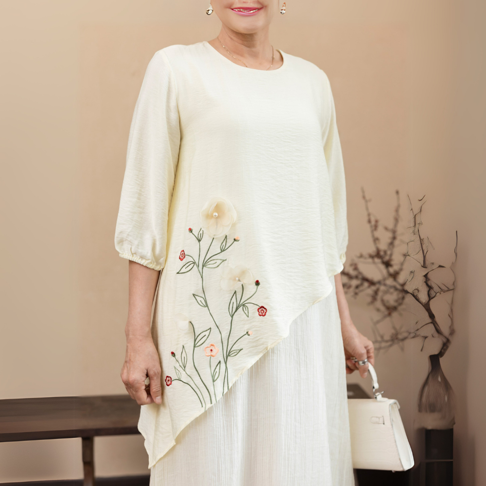 M COLLECTION | Váy Đầm Nữ Trung Niên Tặng Mẹ Phom Suông Lụa Hàn Nhẹ Mặc Thoáng Mát Thêu Hoa D12354 | BigBuy360 - bigbuy360.vn