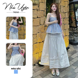 Set váy thiết kế nhẹ nhàng, thanh lịch cho nàng chụp ảnh cực xinh, set áo 2 dây mocking dáng xòe mix váy dài - NHÃ UYÊN