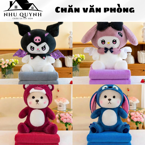 Bộ gấu kèm chăn cho bé đi học Capybara, labubu, kuromi, gấu bông kèm chăn 2in1 đi du lịch tiện lợi đ