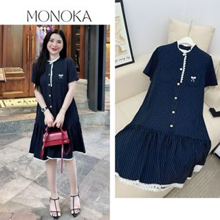  Váy đuôi cá cộc tay form rộng viền bèo cúc đồng kẻ xanh thêu nơ túi ngực babydoll Đầm bầu dáng ngắn tới gối cute T721G 