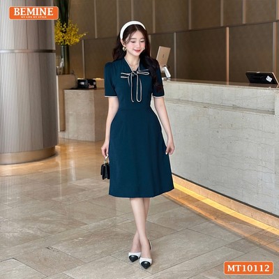 Đầm thiết kế BEMINE cổ tim có dây nơ phối viền dáng chữ A phù hợp đi làm, đi chơi-MT10112