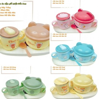 Combo ăn dặm giữ nhiệt cho bé từ 6 tháng Misan KidsWorld gồm Cốc tập hút inox và Bát Inox tiện lợi