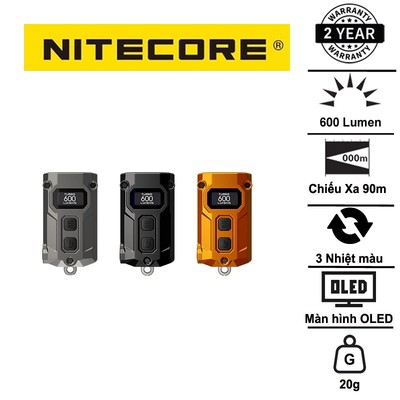 Đèn pin móc khoá mini NITECORE TINI3 sáng 600 Lm, chiếu xa 90m, màn hình OLED, đa nhiệt màu sáng