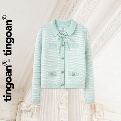 TINGOAN® - Áo len xù dài tay cổ bẻ phối dây nơ xanh mint kim tuyến KELLY KOU TOP/MINT