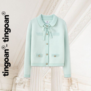  TINGOAN® - Áo len xù dài tay cổ bẻ phối dây nơ xanh mint kim tuyến KELLY KOU TOP MINT 